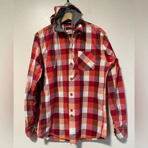 Tanjim Red & Orange Checked Plaid Hooded Button  Up Shirt Jacket - Size Large